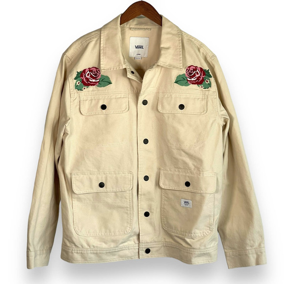 Vans Other - Vans Anaheim Needlepoint Floral Jacket Men's Cream Roses Snap Front Size Large